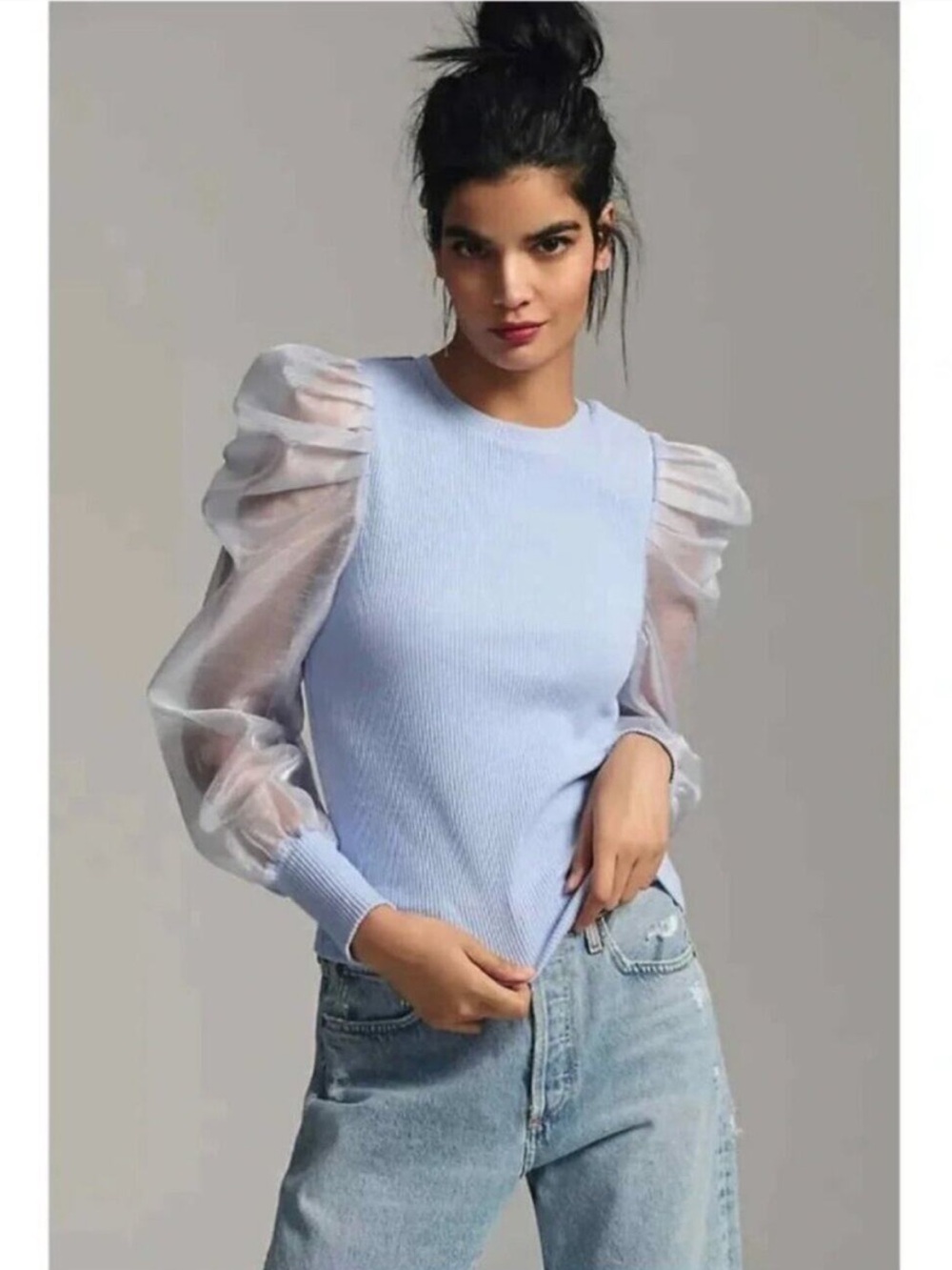 Anthropologie Dolan Sheer Organza Puff Long Sleeve Ribbed Blue Top Small